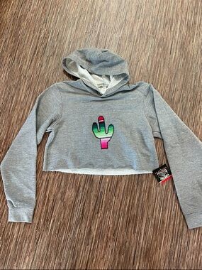 Cropped hoodie with serape-patterned embroidered cactus womens M